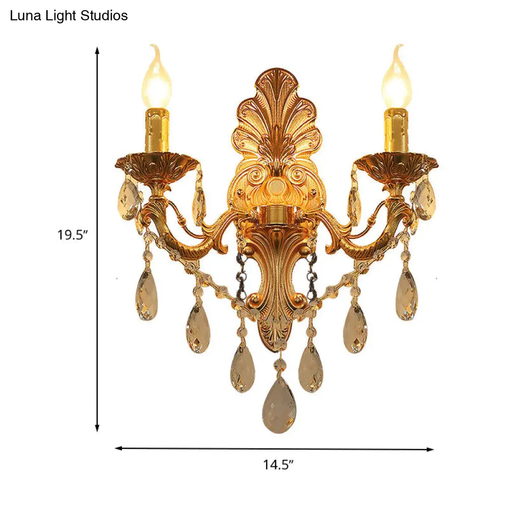 Postmodern Brass Wall Sconce With Crystal Drip Accent - Candelabra Style 1/2 Head Design For Living