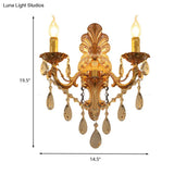 Postmodern Brass Wall Sconce With Crystal Drip Accent - Candelabra Style 1/2 Head Design For Living