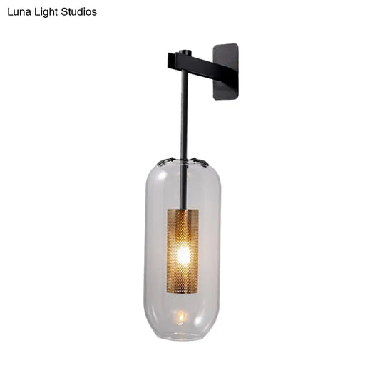 Postmodern Capsule Wall Hanging Light Clear Glass Bedside Lamp 1 Bulb Interior Mesh Guard Black/Gold