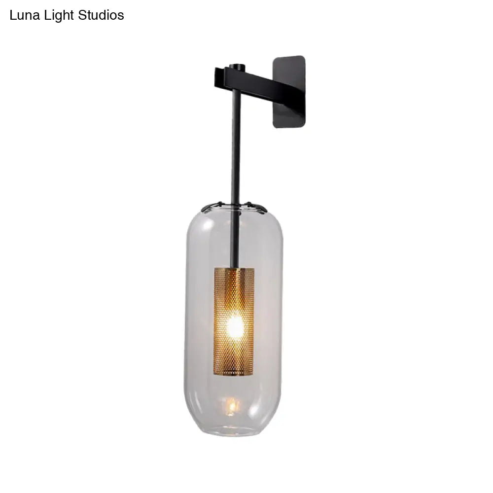 Postmodern Capsule Wall Hanging Light Clear Glass Bedside Lamp 1 Bulb Interior Mesh Guard Black/Gold