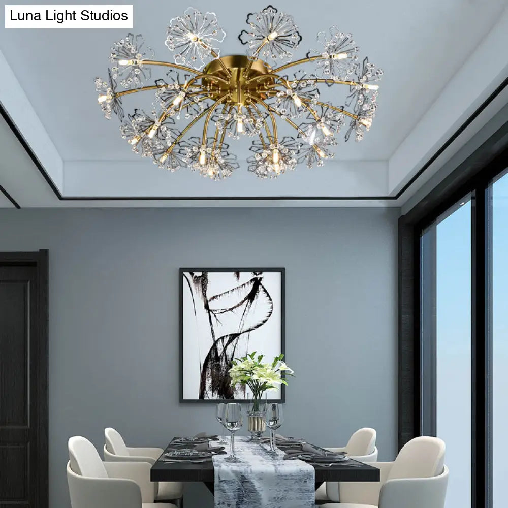 Postmodern Crystal Beaded 21 - Light Gold Dandelion Semi Flush Mount For Dining Room Ceiling