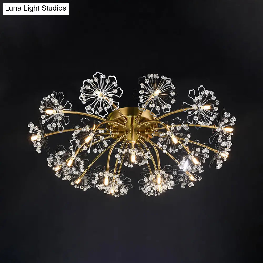 Postmodern Crystal Beaded 21-Light Gold Dandelion Semi Flush Mount For Dining Room Ceiling