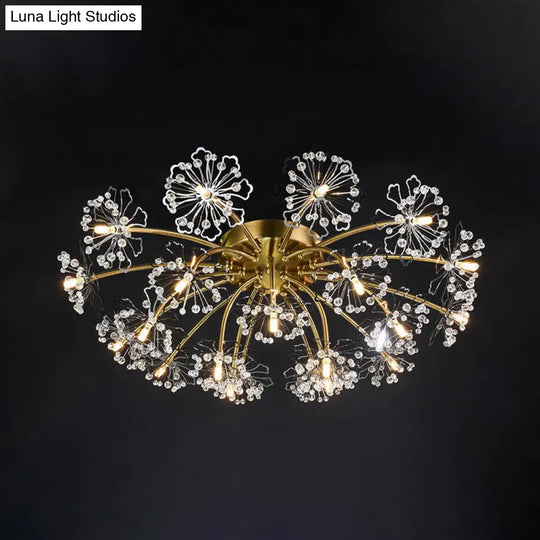 Postmodern Crystal Beaded 21-Light Gold Dandelion Semi Flush Mount For Dining Room Ceiling