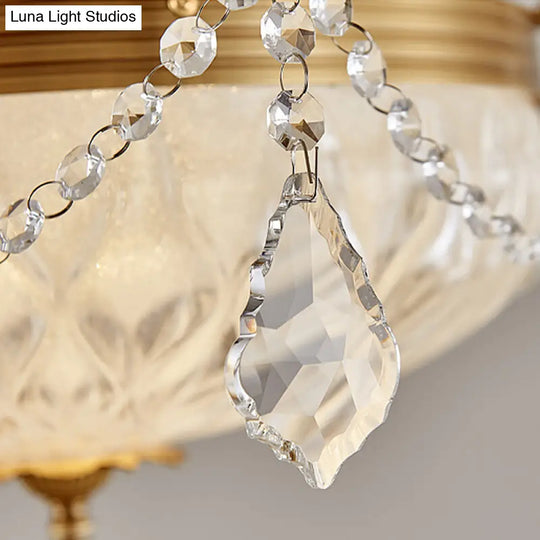 Postmodern Crystal Brass Dome Ceiling Mount Light - Semi Flush Fixture For Dining Room