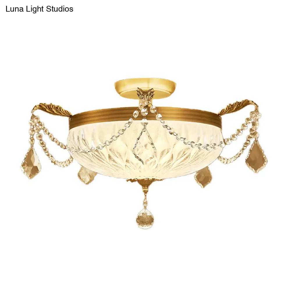 Postmodern Crystal Brass Dome Ceiling Mount Light - Semi Flush Fixture For Dining Room