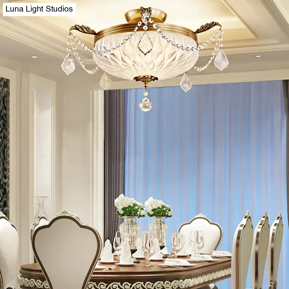 Postmodern Crystal Brass Dome Ceiling Mount Light - Semi Flush Fixture For Dining Room