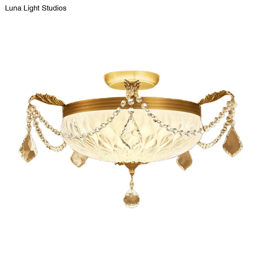 Postmodern Crystal Brass Dome Ceiling Mount Light - Semi Flush Fixture For Dining Room