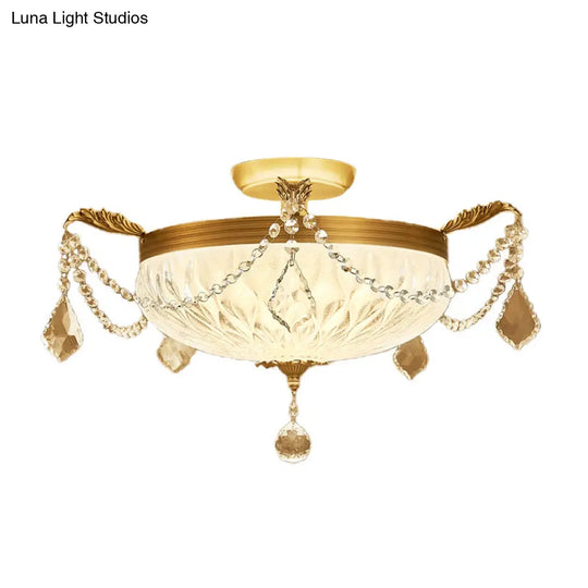 Postmodern Crystal Brass Dome Ceiling Mount Light - Semi Flush Fixture For Dining Room