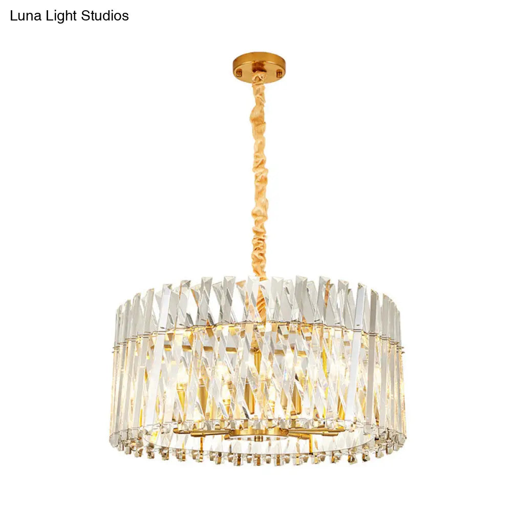 Postmodern Crystal Chandelier Lamp - Round Tri-Sided Rod Style 8/10 Lights Gold Finish Hanging Light
