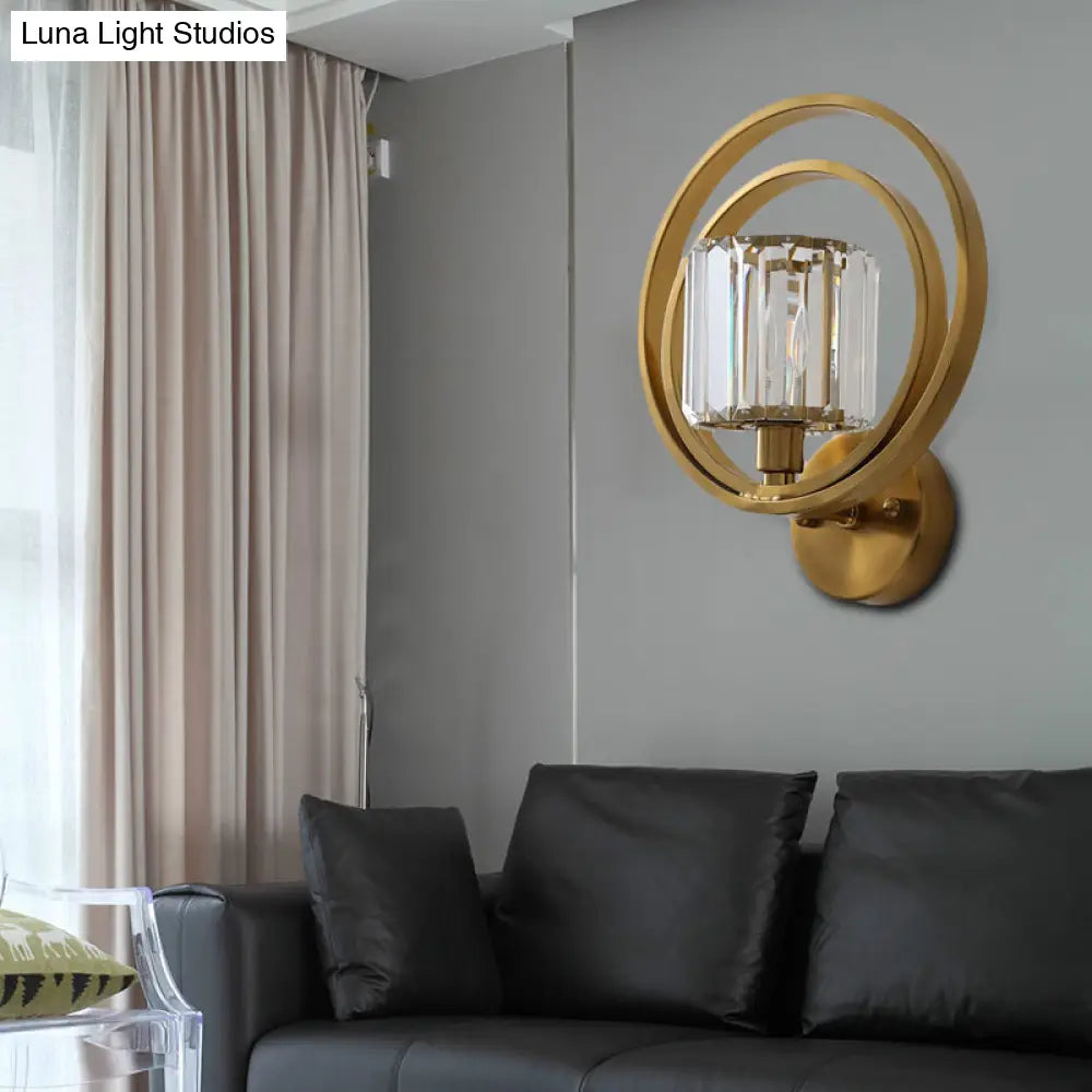 Postmodern Crystal Drum Wall Mount Sconce Light With Brass Orb Frame