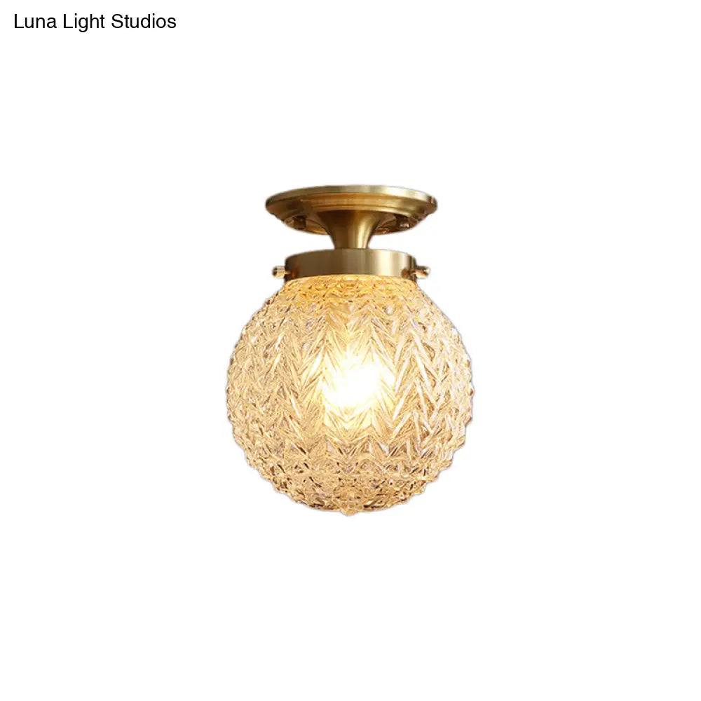 Postmodern Crystal Globe Semi Flush Mount Ceiling Light With Textured Brass Finish