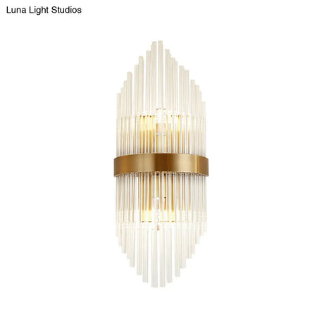 Postmodern Crystal Rod Shield Wall Mount Sconce Light For Living Room - Gold Finish 2/3 Heads