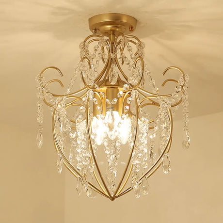 Postmodern Crystal Strand Brass Ceiling Fixture - Curve Arm Semi Flush Mount With 3 Lights