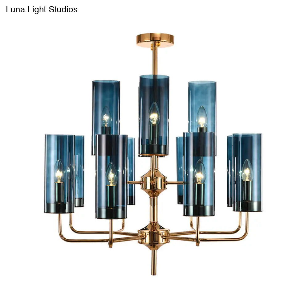 Postmodern Cylinder Hanging Lamp: Blue/Cognac Glass 12 Heads Dining Room Chandelier Lighting Kit