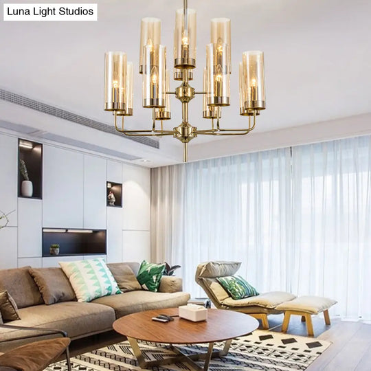 Postmodern Cylinder Hanging Lamp Kit - Blue/Cognac Glass 12 Head Dining Room Chandelier Light