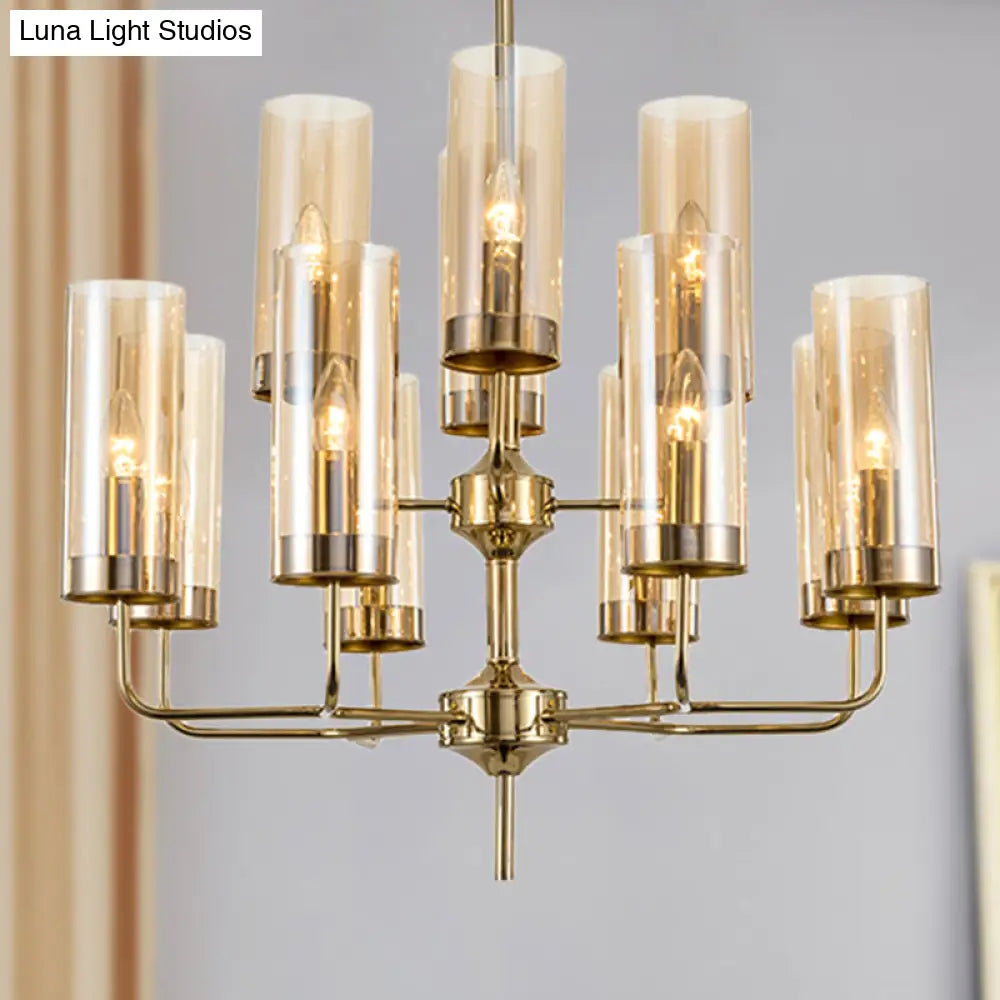 Postmodern Cylinder Hanging Lamp: Blue/Cognac Glass 12 Heads Dining Room Chandelier Lighting Kit