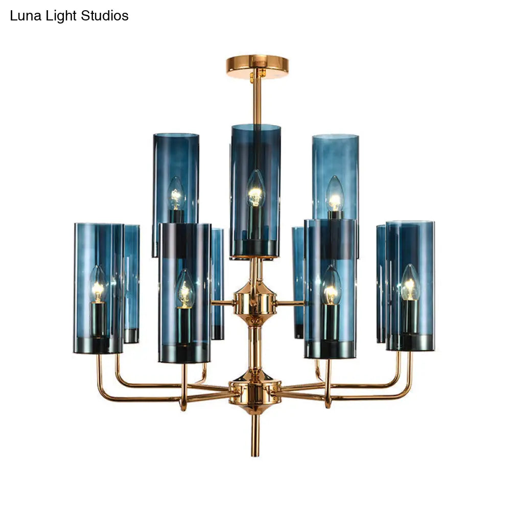 Postmodern Cylinder Hanging Lamp Kit - Blue/Cognac Glass 12 Head Dining Room Chandelier Light