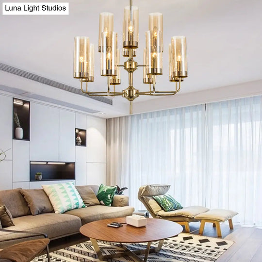 Postmodern Cylinder Hanging Lamp: Blue/Cognac Glass 12 Heads Dining Room Chandelier Lighting Kit
