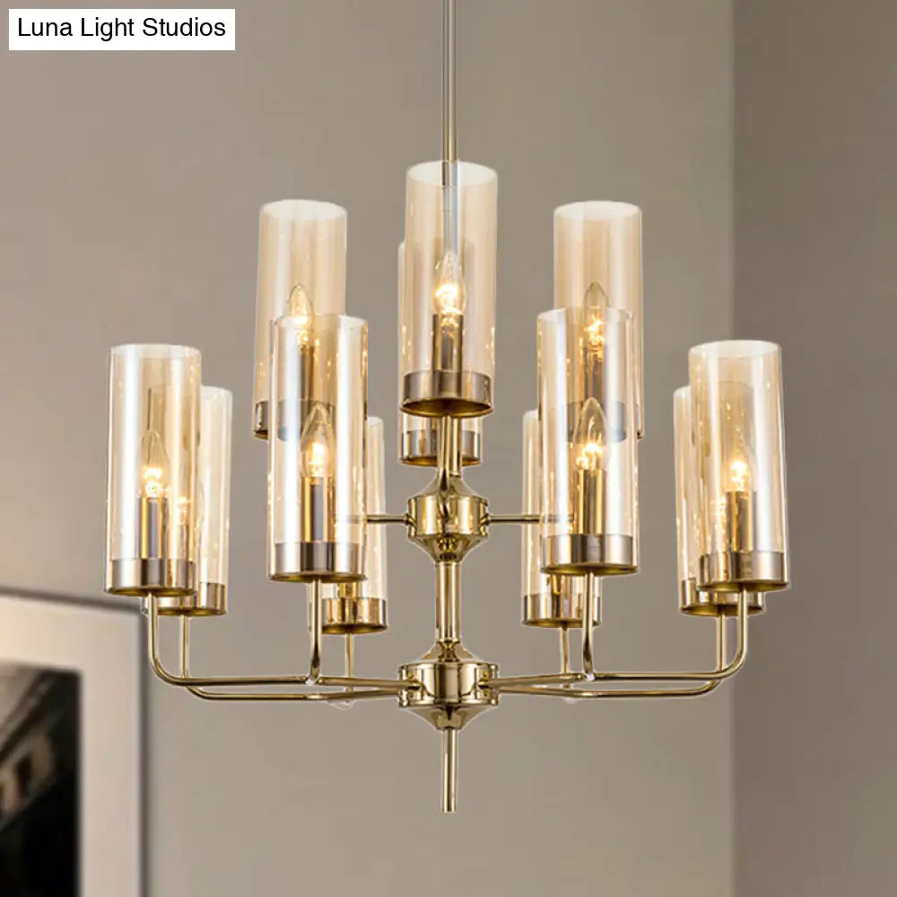 Postmodern Cylinder Hanging Lamp Kit - Blue/Cognac Glass 12 Head Dining Room Chandelier Light