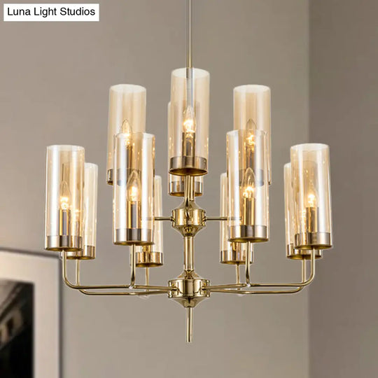 Postmodern Cylinder Hanging Lamp Kit - Blue/Cognac Glass 12 Head Dining Room Chandelier Light