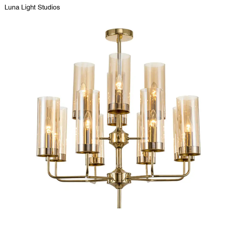 Postmodern Cylinder Hanging Lamp: Blue/Cognac Glass 12 Heads Dining Room Chandelier Lighting Kit