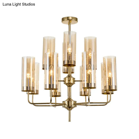 Postmodern Cylinder Hanging Lamp: Blue/Cognac Glass 12 Heads Dining Room Chandelier Lighting Kit