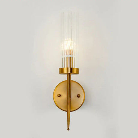 Postmodern Cylindrical Wall Mount Light In Gold With Clear Ribbed Glass - Perfect For Stairway