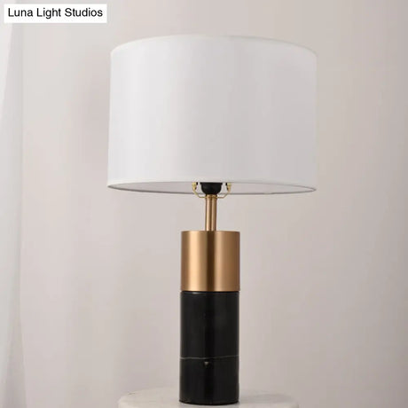 Postmodern Drum Bedside Table Lamp With Marble Pedestal - Black/White/Grey Fabric Design