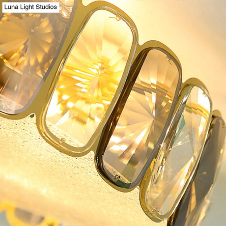 Postmodern Drum Ceiling Flush Light Fixture With Smoky And Amber Crystal Led Mount In Brass For