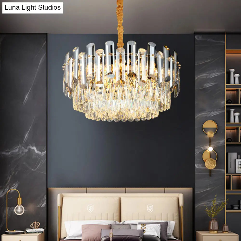 Postmodern Drum Crystal Pendant Light Kit With 10 Brass Chandelier Heads