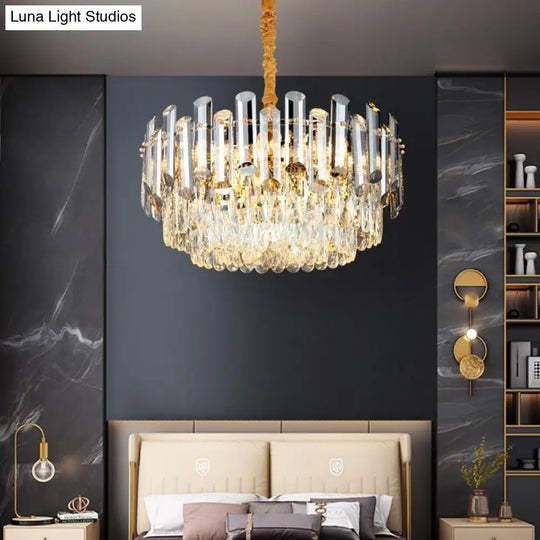 Postmodern Drum Crystal Pendant Light Kit With 10 Brass Chandelier Heads