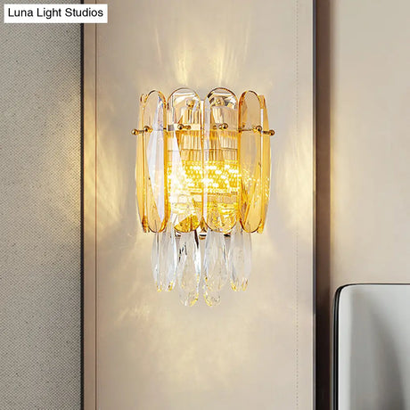 Postmodern Faceted Crystal Gold Sconce Light - Half-Cylinder Wall Mount For Bedroom