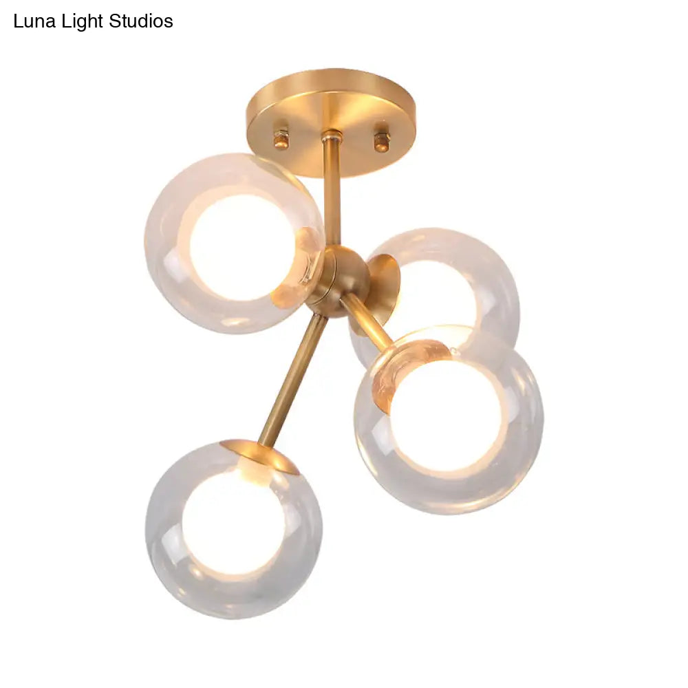 Postmodern Glass Ceiling Light Fixture: Brass 4 - Light Semi - Flush Mount For Bedrooms