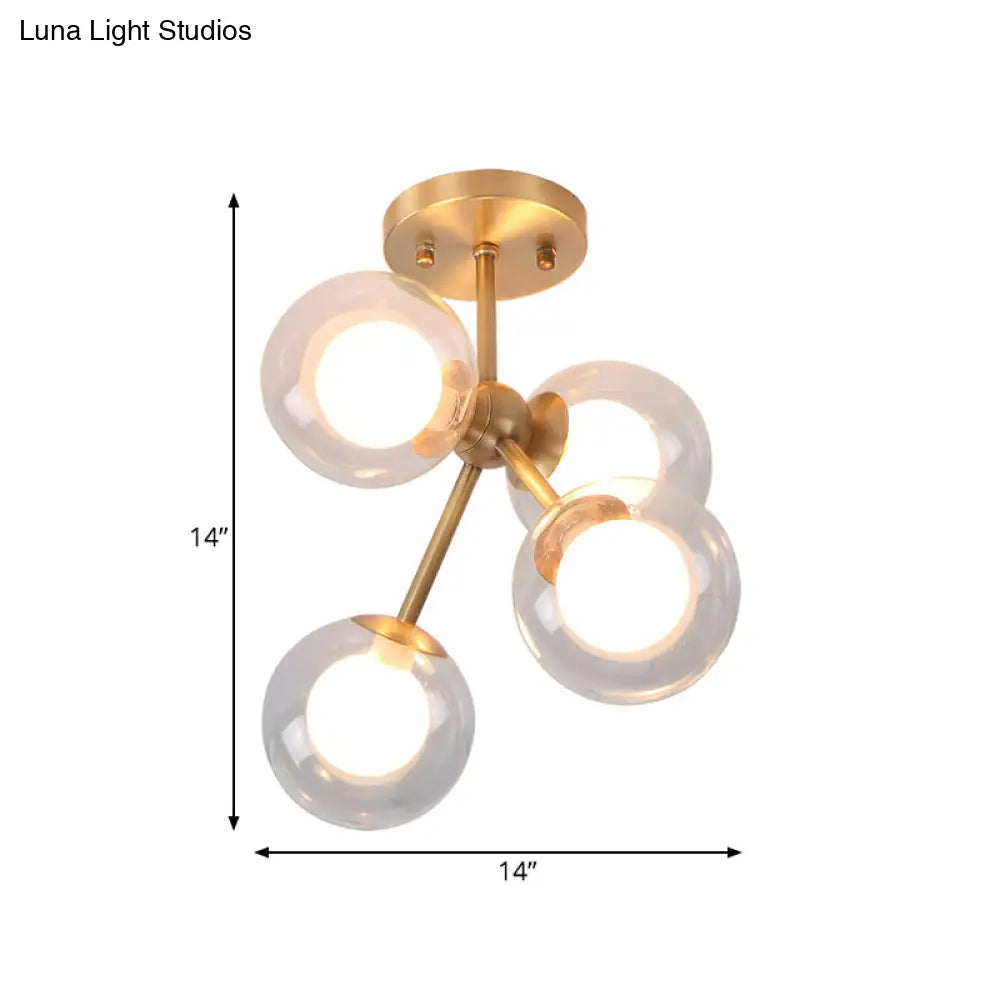 Postmodern Glass Ceiling Light Fixture: Brass 4 - Light Semi - Flush Mount For Bedrooms