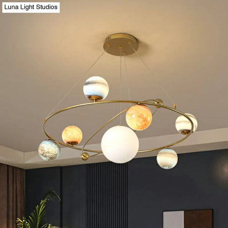 Postmodern Glass Planet Hanging Lamp With Brass Finish Ideal For Living Room