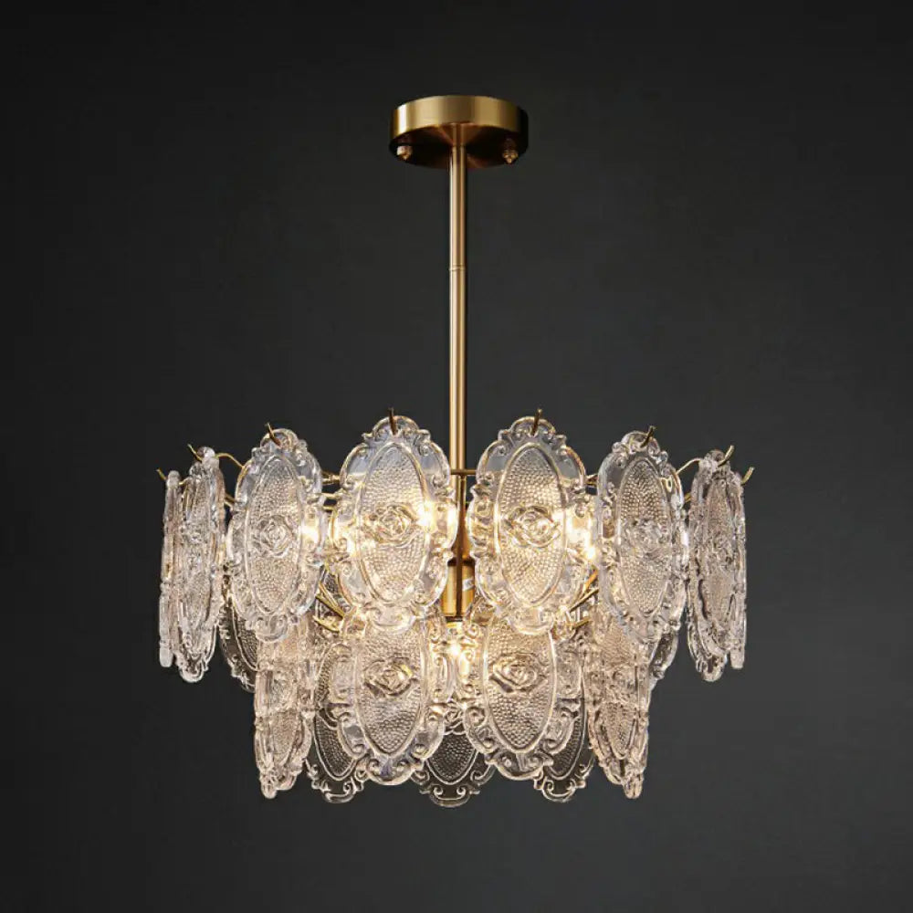 Postmodern Gold Chandelier With Carved Glass Tiers For Dining Room Lighting