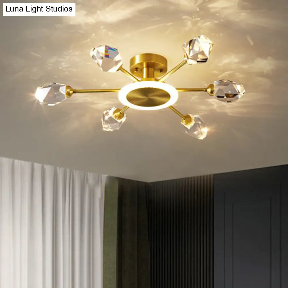 Postmodern Gold Crystal Led Ceiling Light With Radial Semi Mount For Bedroom 7 /
