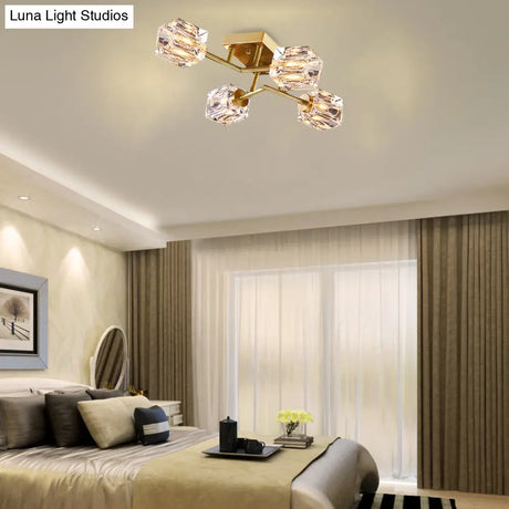 Postmodern Gold Crystal Semi Flush Mount Ceiling Light - Cubic Dimpled Design (4/6 Heads)