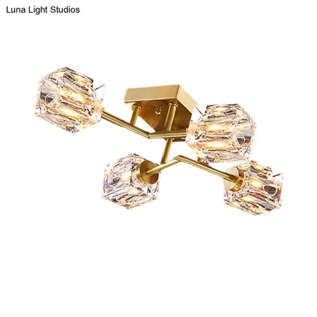 Postmodern Gold Crystal Semi Flush Mount Ceiling Light - Cubic Dimpled Design (4/6 Heads)