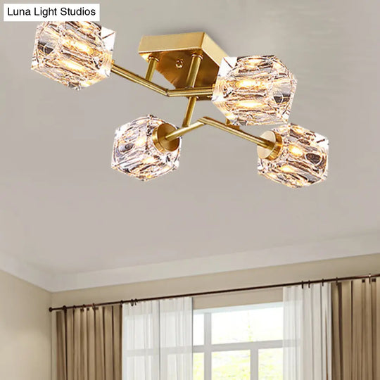 Postmodern Gold Crystal Semi Flush Mount Ceiling Light - Cubic Dimpled Design (4/6 Heads) 4 /