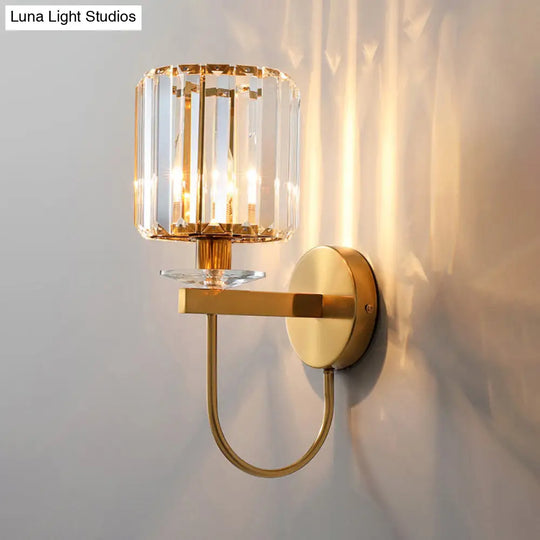 Postmodern Gold Cylindrical Crystal Wall Sconce With Curved Arm
