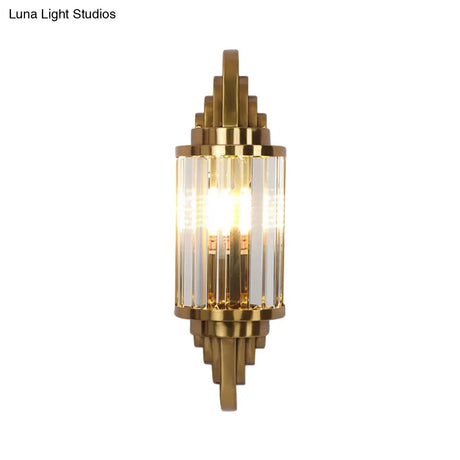 Postmodern Gold Finish Cylinder Wall Sconce With Crystal Prisms - Ideal For Living Room