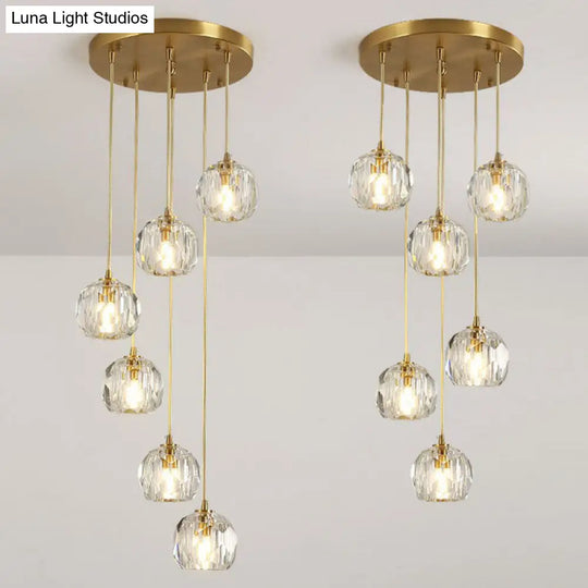 Postmodern Gold K9 Crystal Cluster Pendant Light - Elegant Hanging Lamp For Stairway