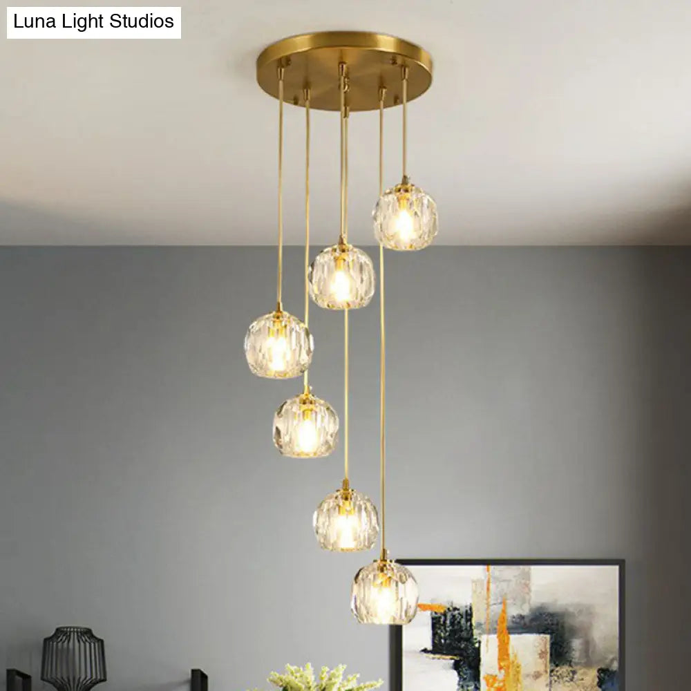 Postmodern Gold K9 Crystal Cluster Pendant Light - Elegant Hanging Lamp For Stairway
