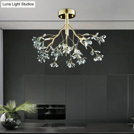Postmodern Gold Leaf Crystal Semi Flush Mount Ceiling Lamp With 3 Branch - Style Heads