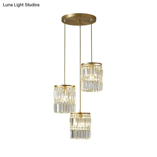 Postmodern Gold Pendant Lamp With 3 Cylinder Crystal Prisms