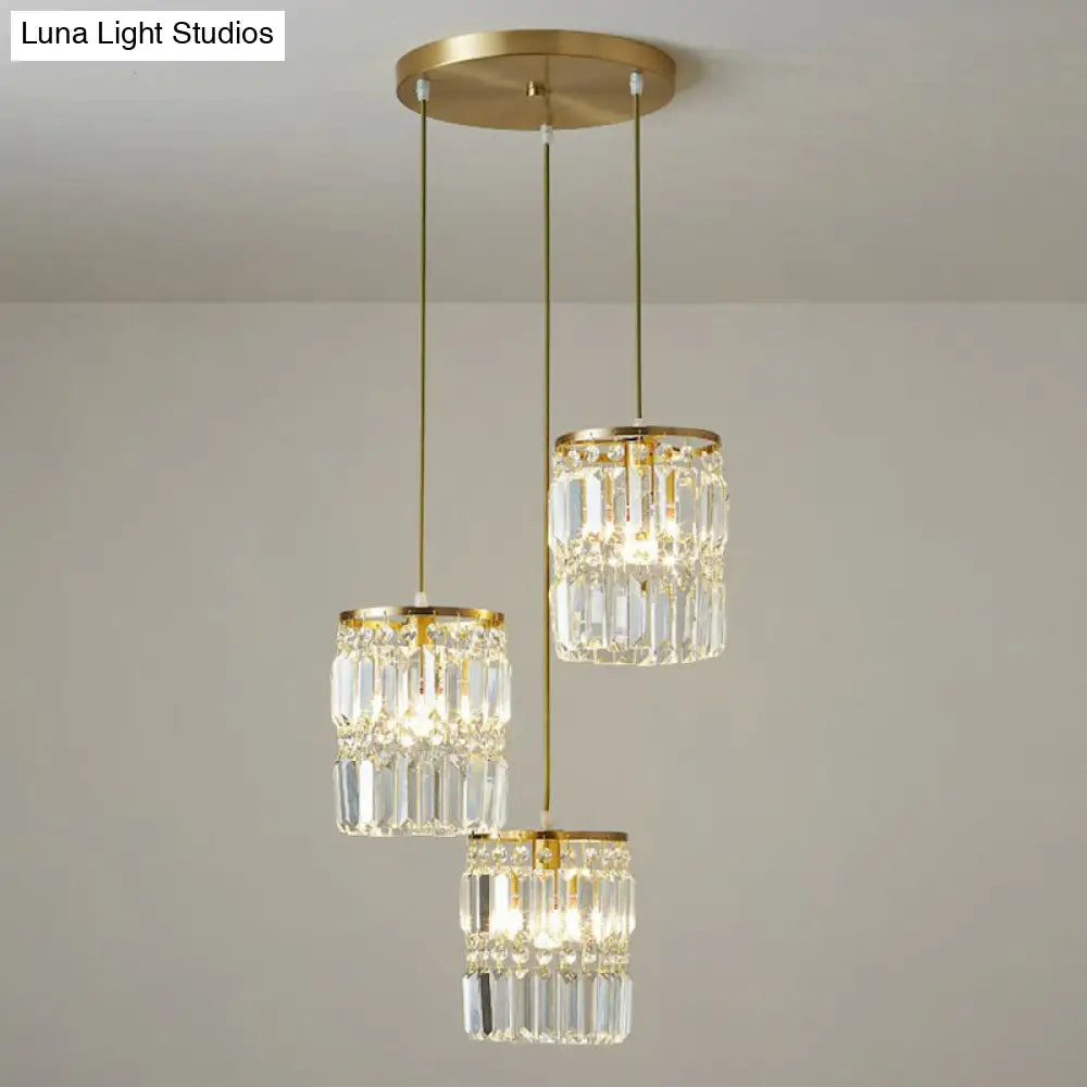 Postmodern 3-Head Gold Hanging Lamp Kit With Cylinder Crystal Prisms / Round