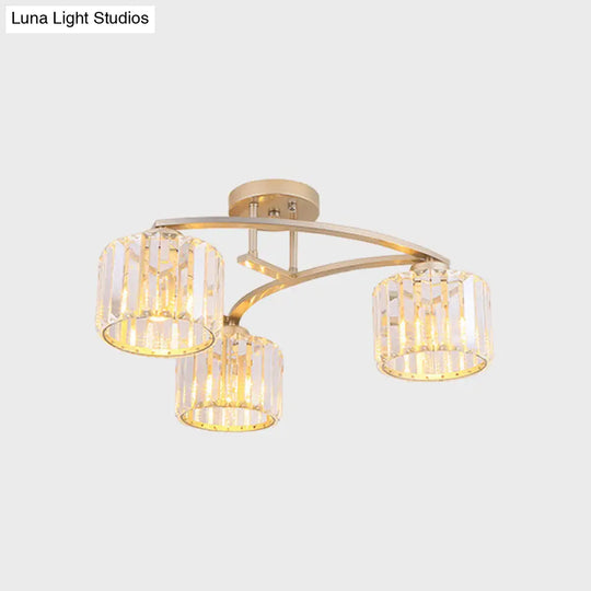 Postmodern Gold V Arm Ceiling Mount Chandelier: Crystal Shade 3 Bulbs Semi Flush Light For