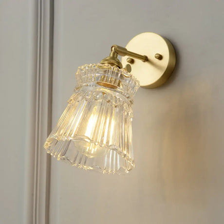 Postmodern Gold Wall Light With Clear Ribbed Glass - Conical Design Rotating Feature 1 Kit / A