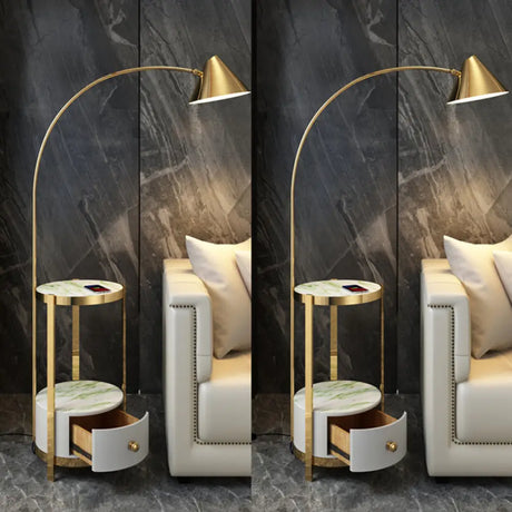 Postmodern Metal Fishing Rod Floor Lamp With Swivel Cone Shade And Marble Tray Cabinet Green